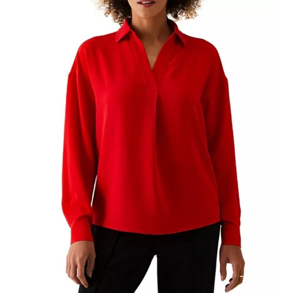 Rafaella Ladies Washer Crepe Popover Woven True Red Blouse Size Large
